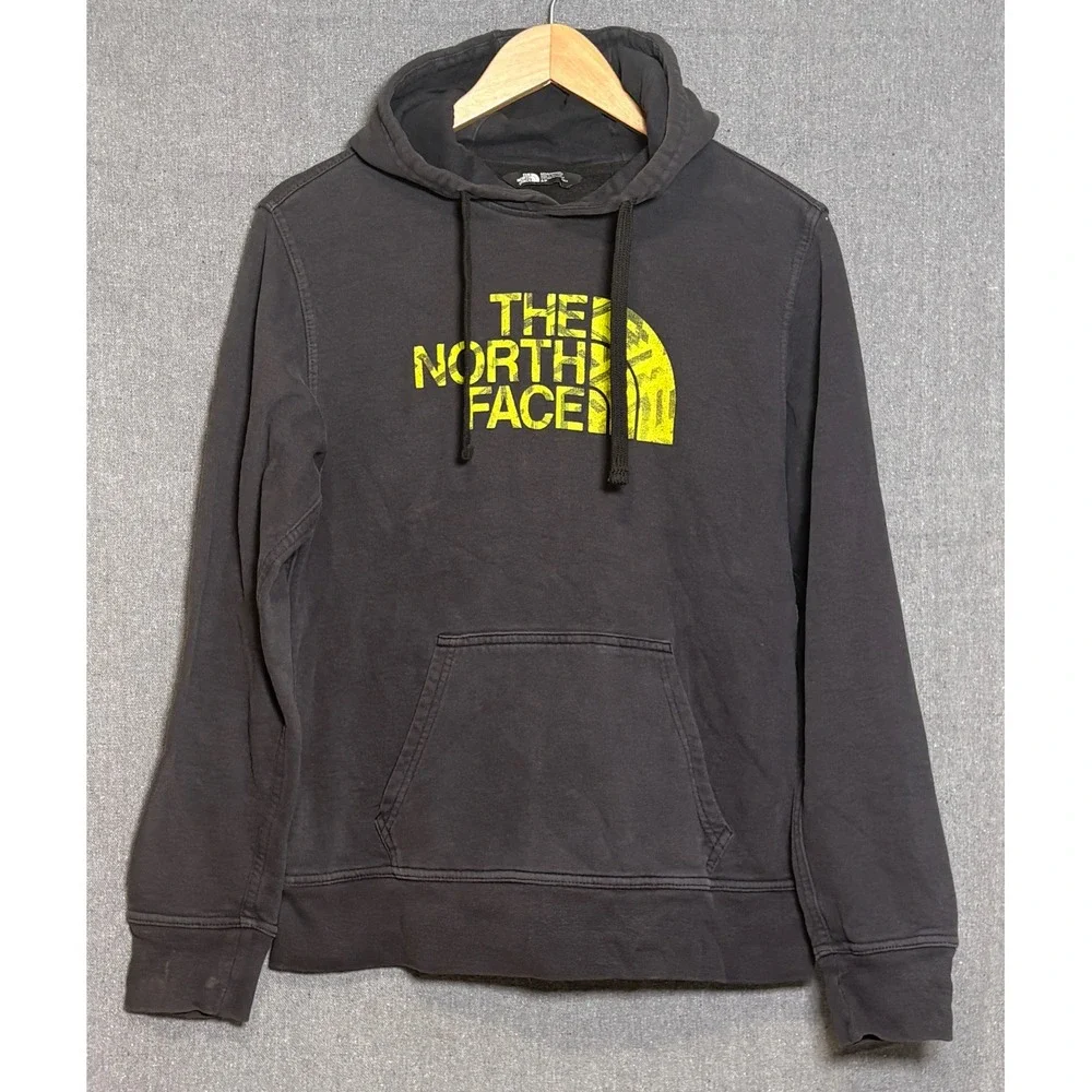 The North Face Mens Pullover Hoodie Black Yellow Graphic Logo Size Small S/P